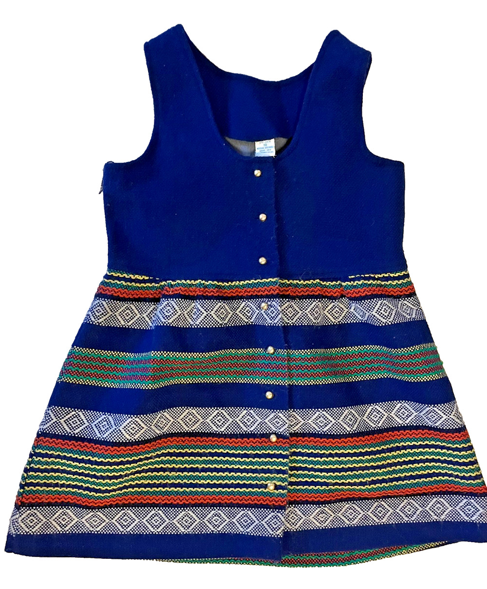 VTG 60s Wool A-line Button Down Dress Boho Striped Patterned Kids Childs 10